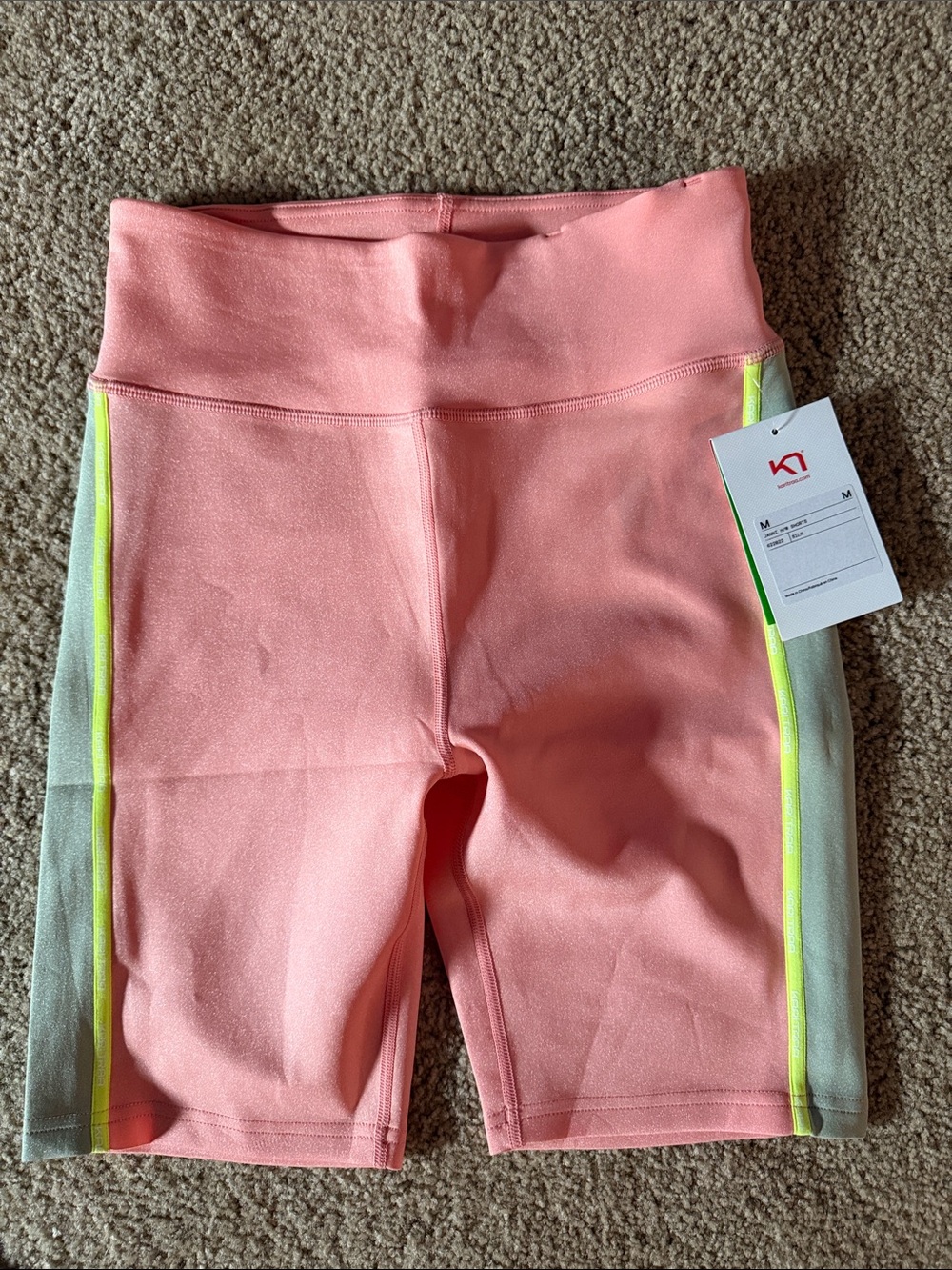 Kari Traa Coral-Peach Bike Shorts with Neon Yellow Trim